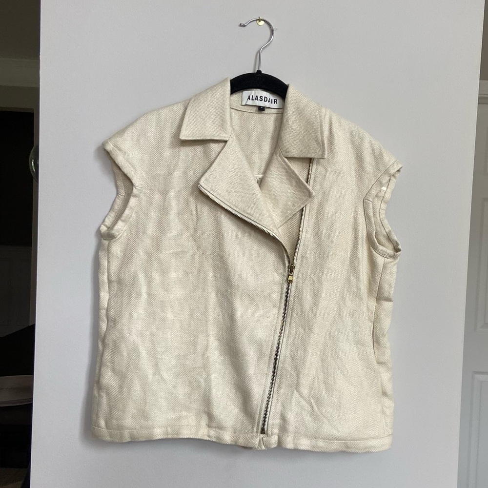 ALASDAIR Linen Moto Style Vest with Asymmetrical Zipper, Ivory White, Size‎ M